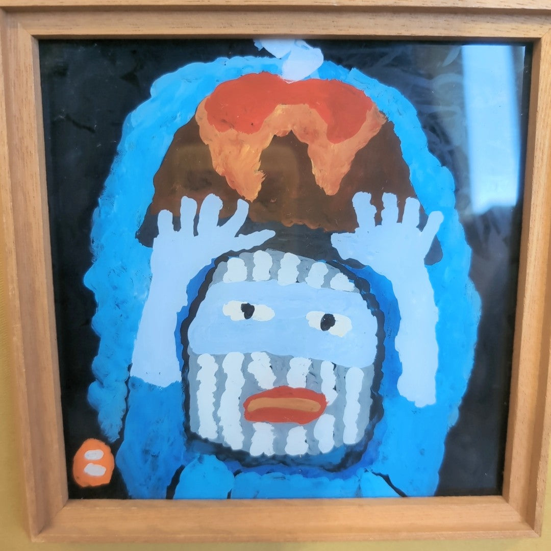 畦地梅太郎 ガラス絵 「火の山と山男」