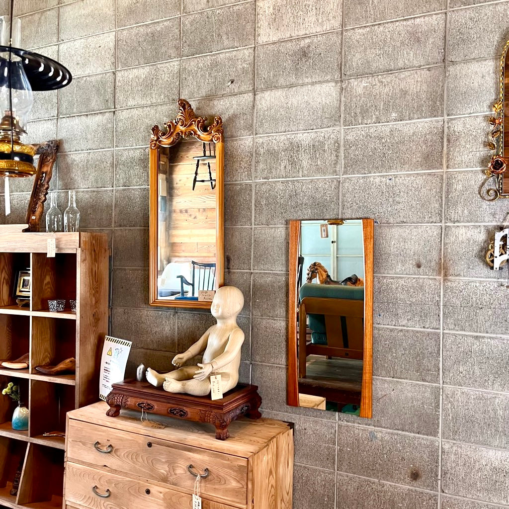 ウォールミラー 鏡 長方形 チークフレーム 木製 壁掛けミラー ヴィンテージ