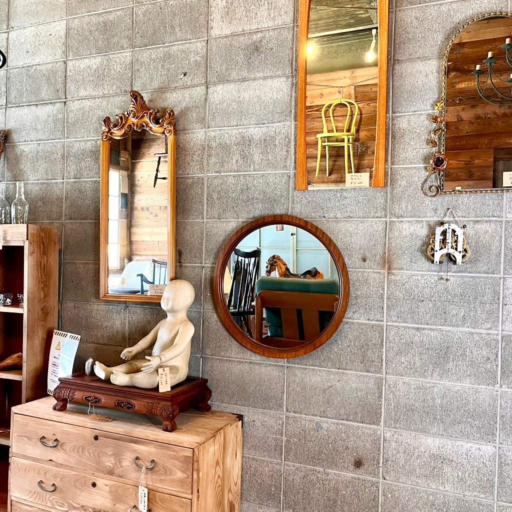 ウォールミラー 鏡 ラウンド 木製 壁掛けミラー ヴィンテージ