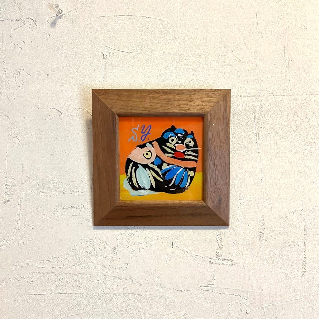 柚木沙弥郎 ガラス絵 「メキシコの猫」 アート 絵画 一点もの 作家 中古