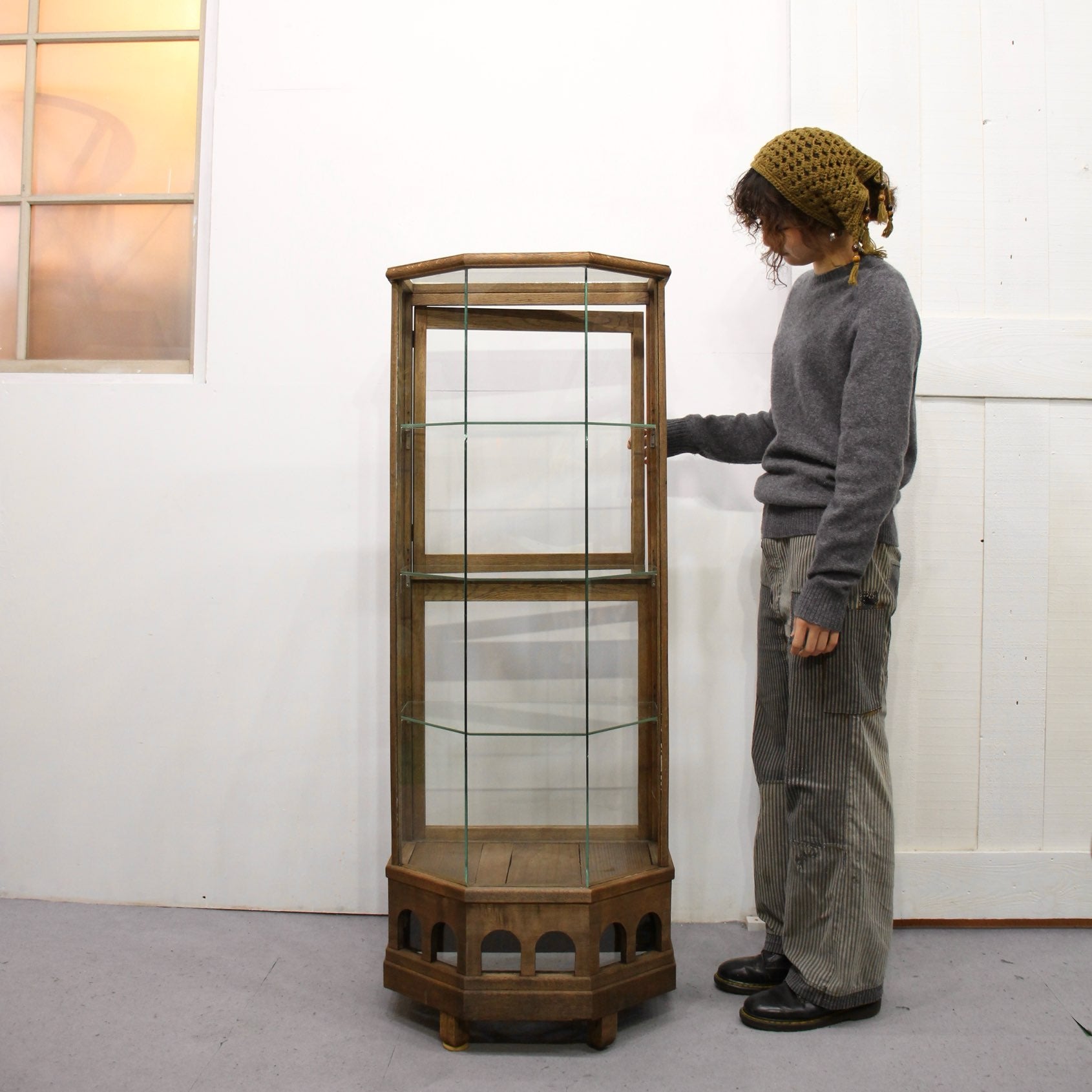 アンティーク 木製ガラスショーケース ディスプレイ棚