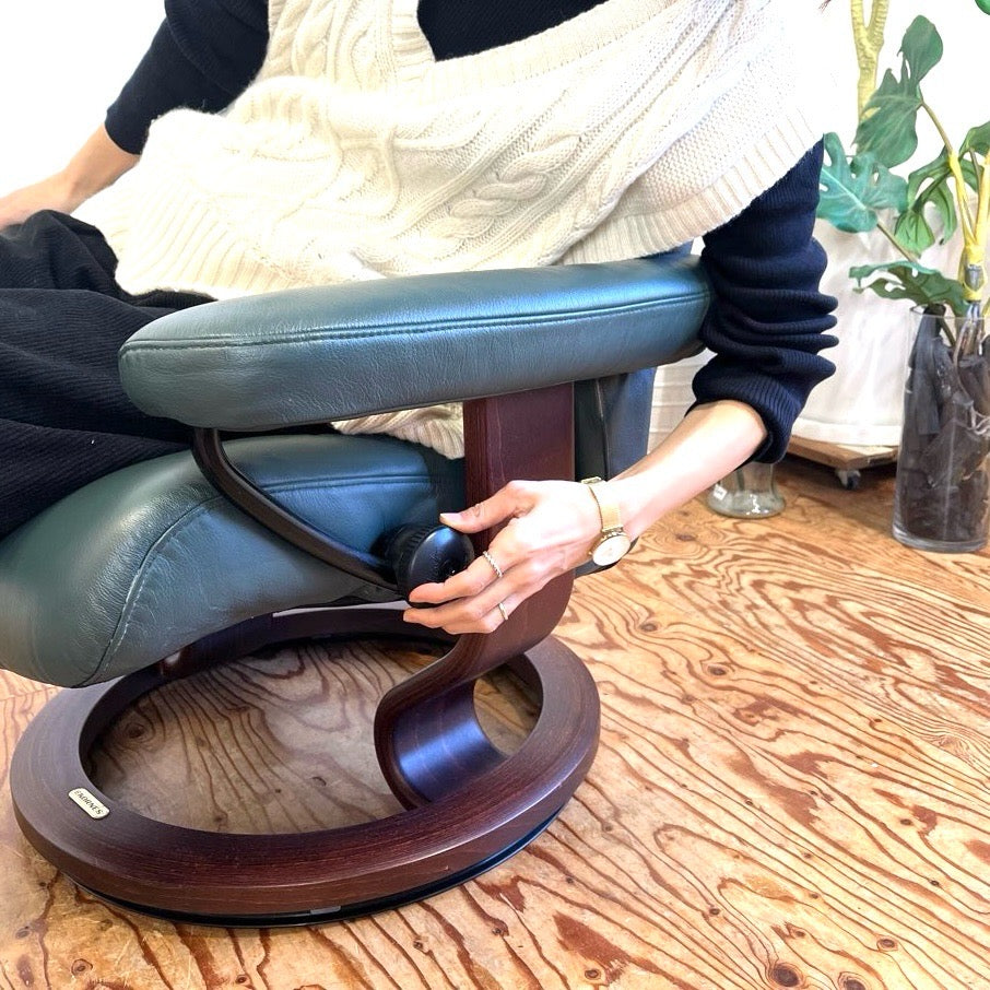 エコーネス / EKORNES ストレスレスチェア Wing Mサイズ オットマン付 本革張り グリーン 中古 ヴィンテージ