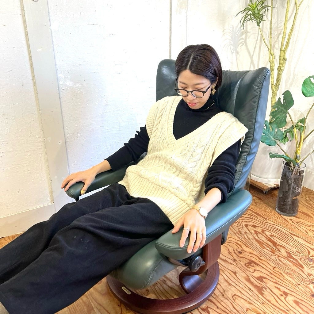 エコーネス / EKORNES ストレスレスチェア Wing Mサイズ オットマン付 本革張り グリーン 中古 ヴィンテージ