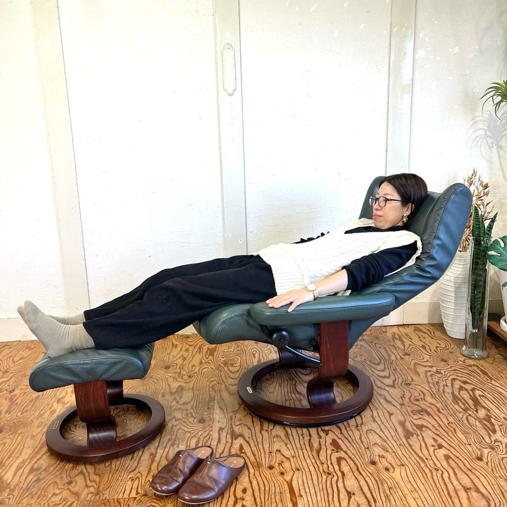 エコーネス / EKORNES ストレスレスチェア Wing Mサイズ オットマン付 本革張り グリーン 中古 ヴィンテージ