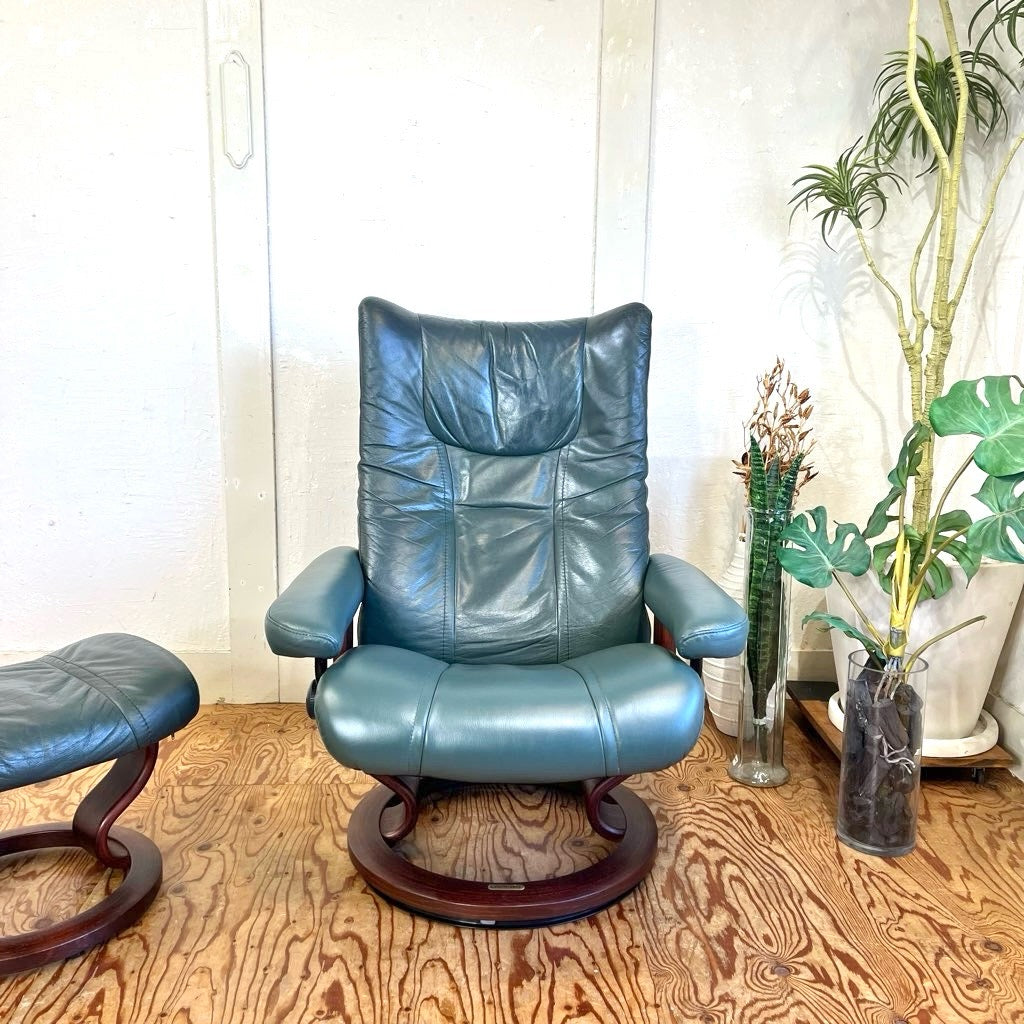 エコーネス / EKORNES ストレスレスチェア Wing Mサイズ オットマン付 本革張り グリーン 中古 ヴィンテージ