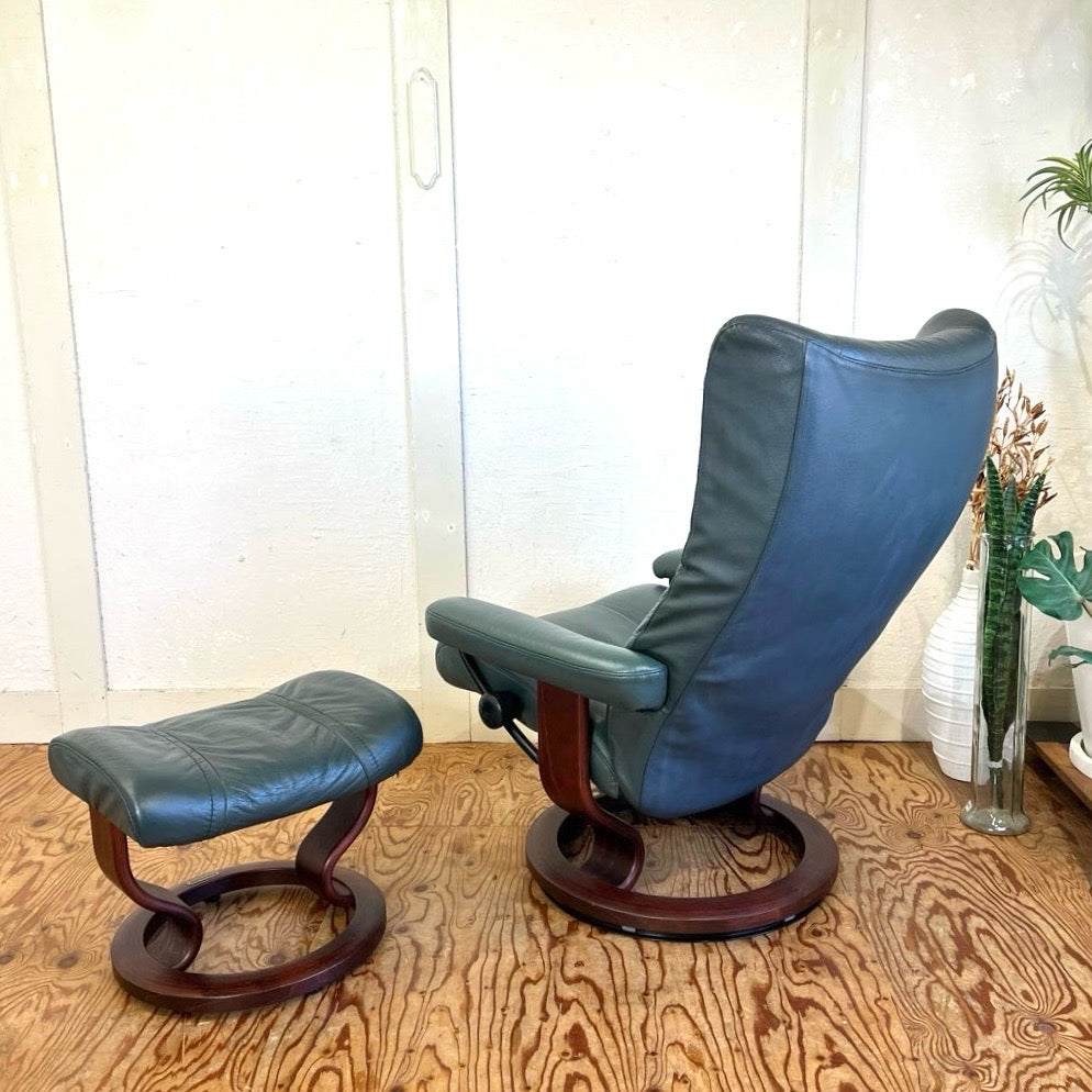 エコーネス / EKORNES ストレスレスチェア Wing Mサイズ オットマン付 本革張り グリーン 中古 ヴィンテージ