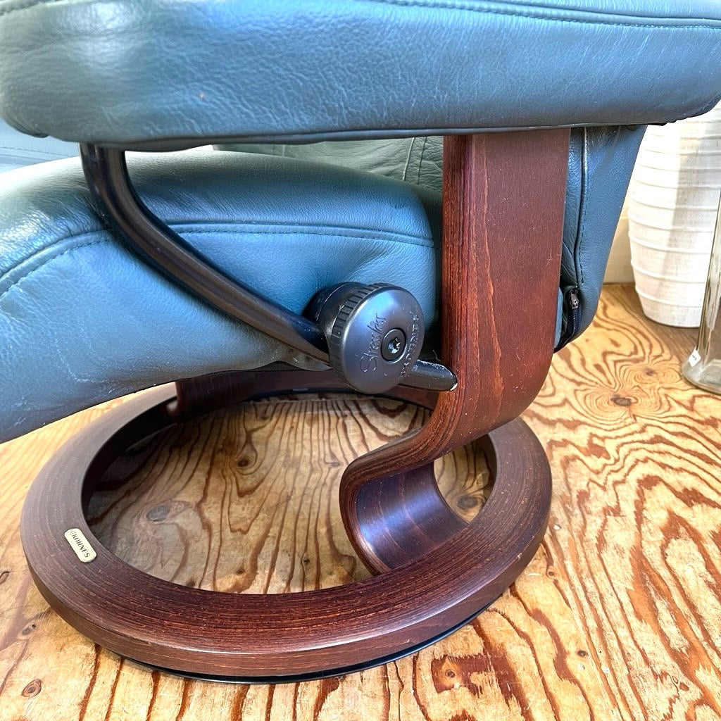 エコーネス / EKORNES ストレスレスチェア Wing Mサイズ オットマン付 本革張り グリーン 中古 ヴィンテージ