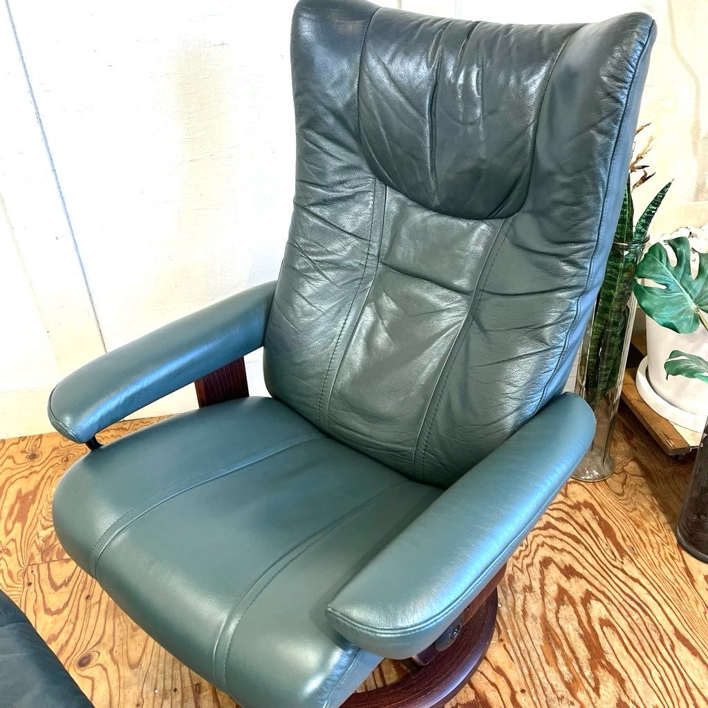 エコーネス / EKORNES ストレスレスチェア Wing Mサイズ オットマン付 本革張り グリーン 中古 ヴィンテージ