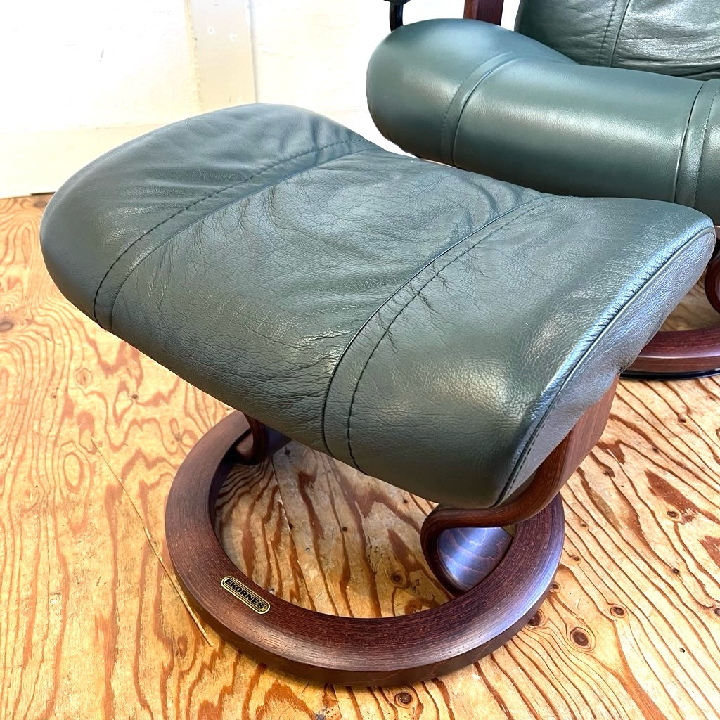 エコーネス / EKORNES ストレスレスチェア Wing Mサイズ オットマン付 本革張り グリーン 中古 ヴィンテージ