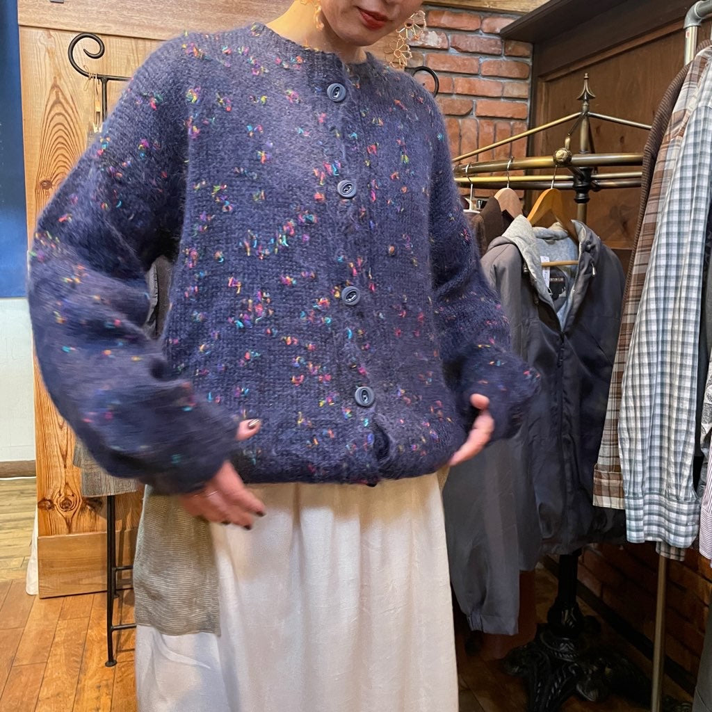 【古着】カラーネップ モヘアブルー カーディガン ネイビー