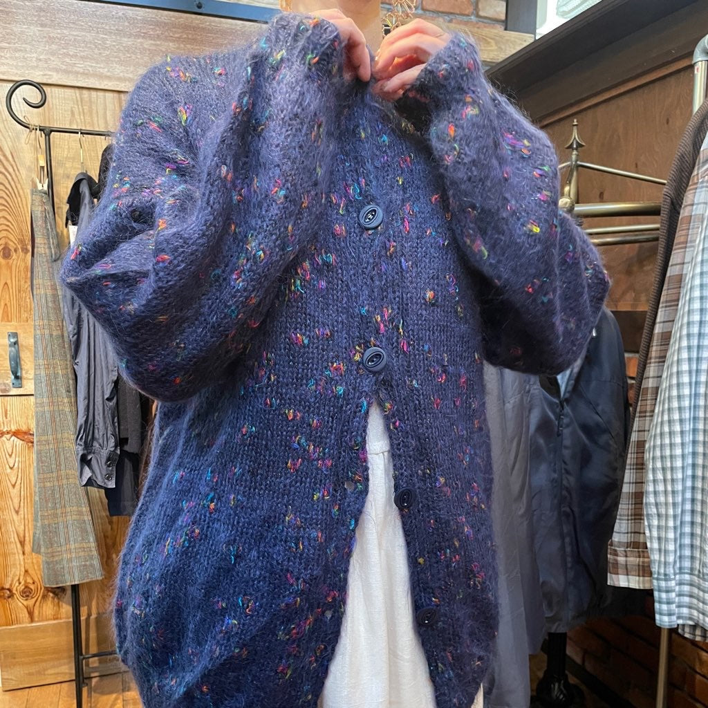 【古着】カラーネップ モヘアブルー カーディガン ネイビー