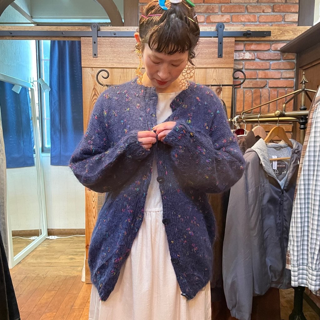 【古着】カラーネップ モヘアブルー カーディガン ネイビー