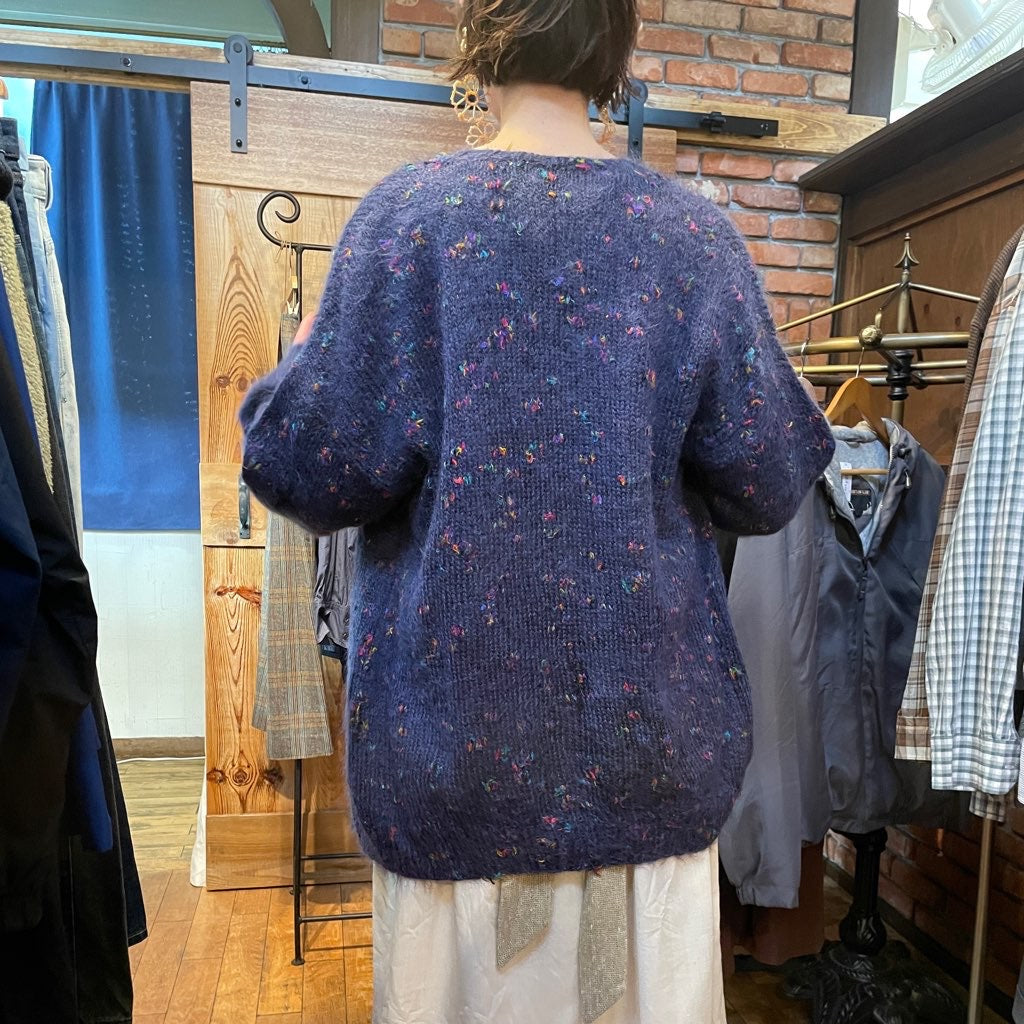 【古着】カラーネップ モヘアブルー カーディガン ネイビー