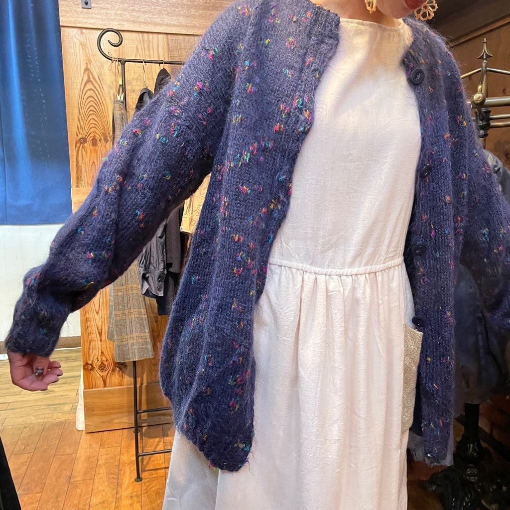 【古着】カラーネップ モヘアブルー カーディガン ネイビー