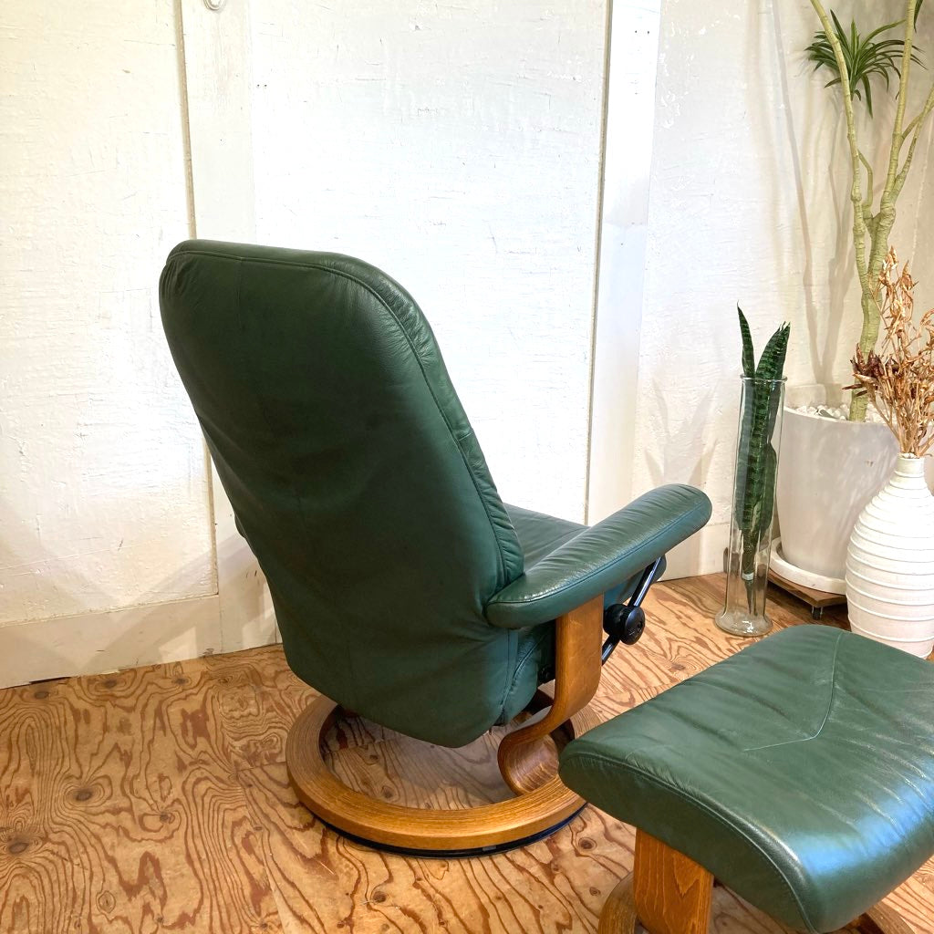 エコーネス / EKORNES ストレスレスチェア ストレスコンサル / Stressless Consul&オットマン Sサイズ 本革張り グリーン 中古