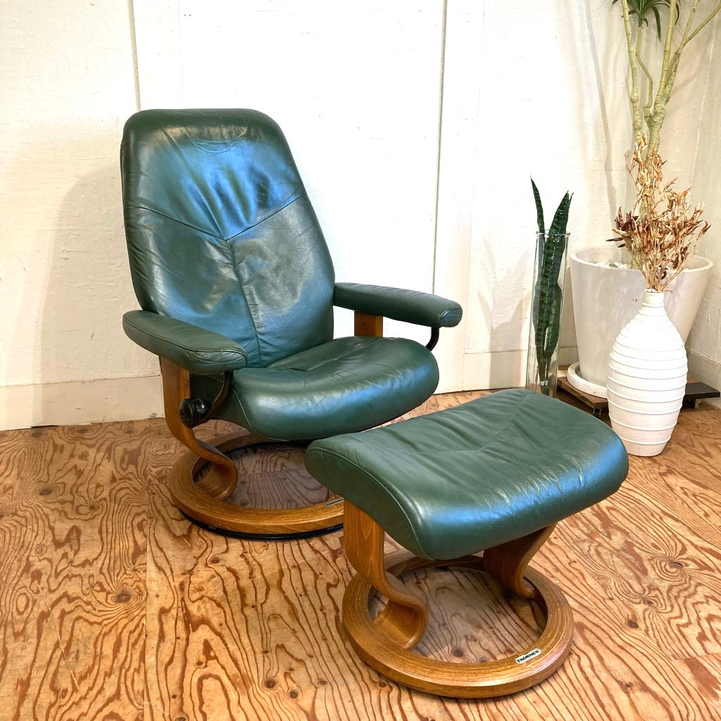 エコーネス / EKORNES ストレスレスチェア ストレスコンサル / Stressless Consul&オットマン Sサイズ 本革張り グリーン 中古