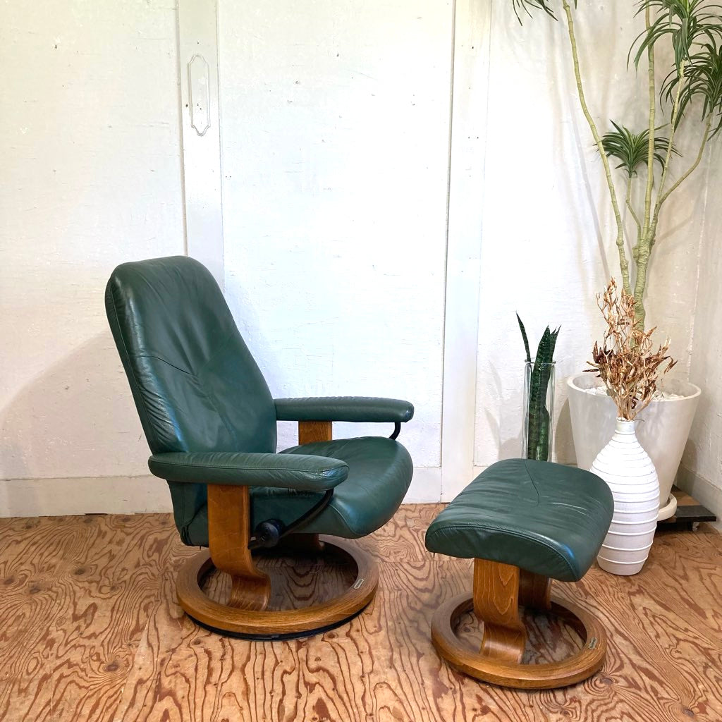 エコーネス / EKORNES ストレスレスチェア ストレスコンサル / Stressless Consul&オットマン Sサイズ 本革張り グリーン 中古