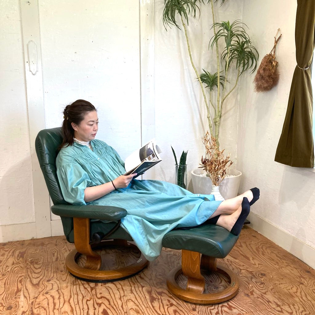 エコーネス / EKORNES ストレスレスチェア ストレスコンサル / Stressless Consul&オットマン Sサイズ 本革張り グリーン 中古