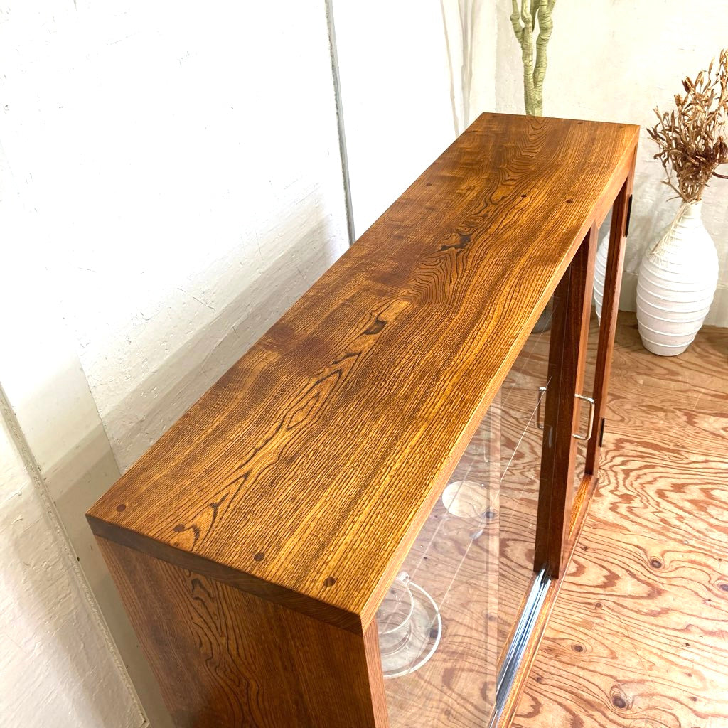 ケヤキ無垢材 ガラスキャビネット【1】飾り棚 食器棚 右側扉 中古