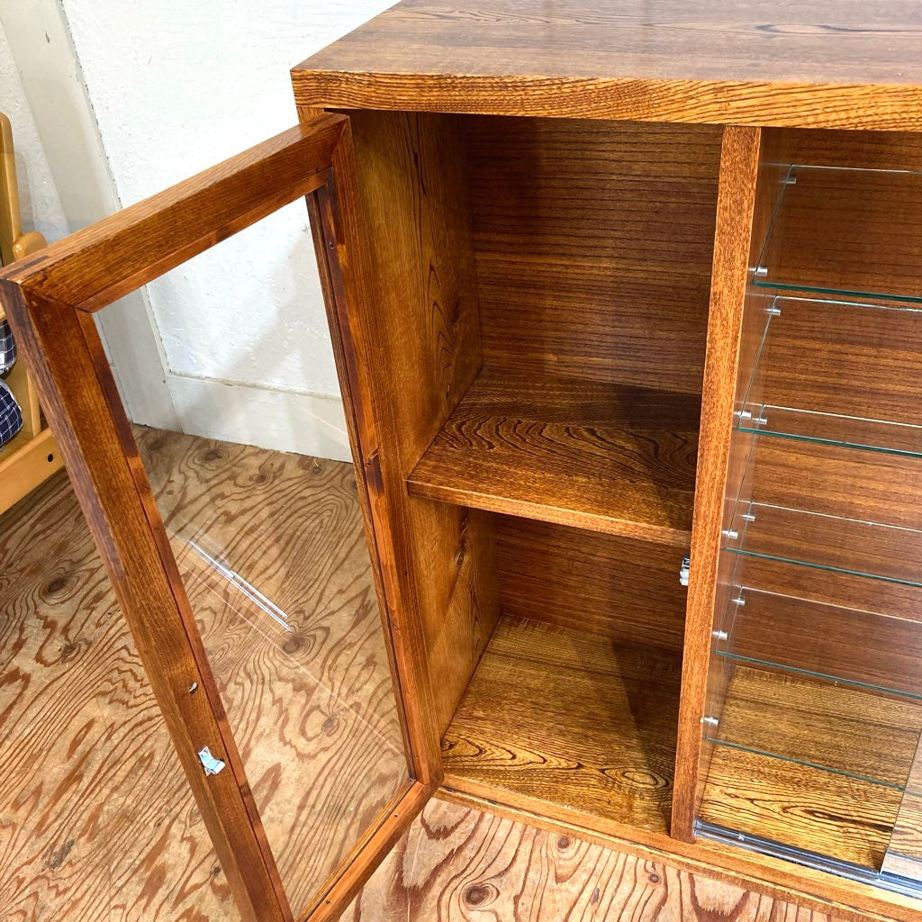 ケヤキ無垢材 ガラスキャビネット【2】飾り棚 食器棚 左側扉 中古