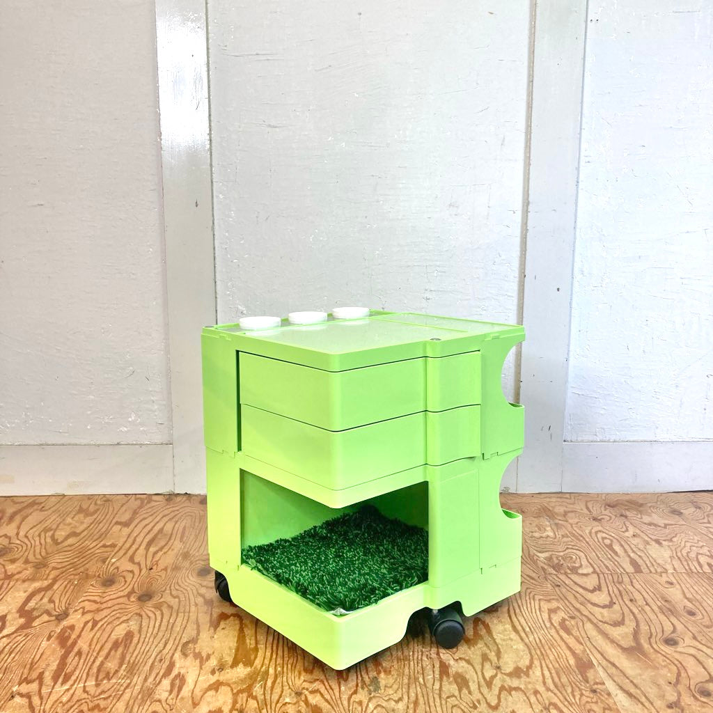 B-LINE ボビーワゴン 2段2トレイ ライムグリーン 廃盤 シャギーマット アクリルホルダー&カップ付 中古