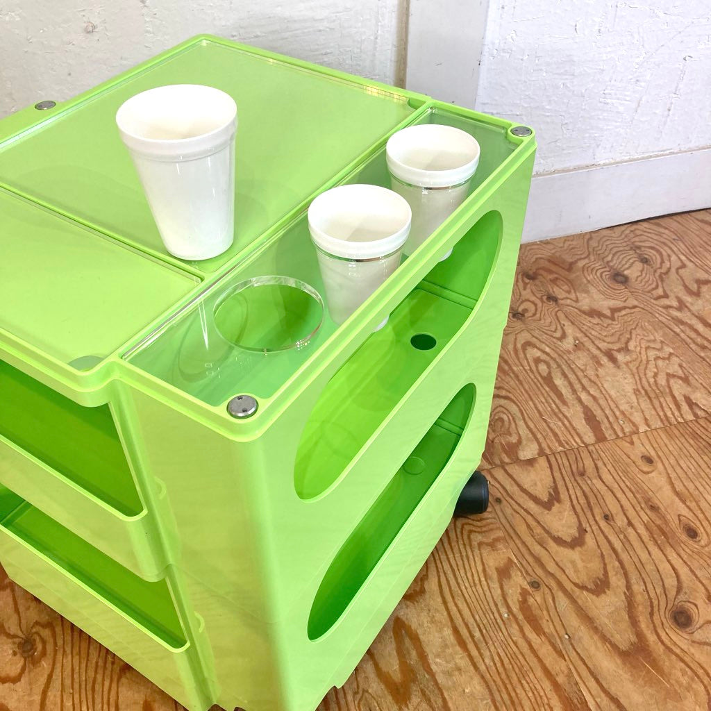 B-LINE ボビーワゴン 2段2トレイ ライムグリーン 廃盤 シャギーマット アクリルホルダー&カップ付 中古