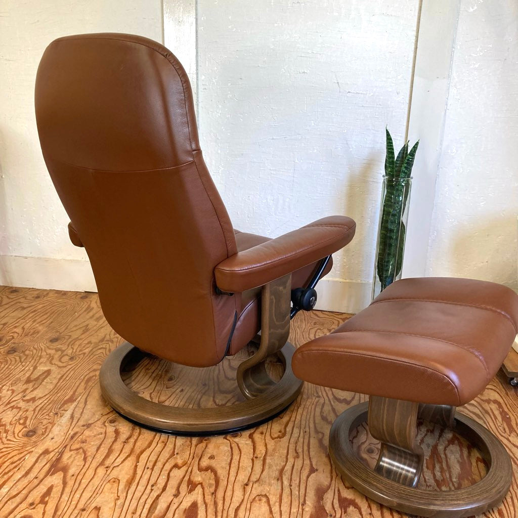 エコーネス / EKORNES ストレスレスチェア コンサル / Stressless Consul & オットマン 本革張り ブラウン 中古