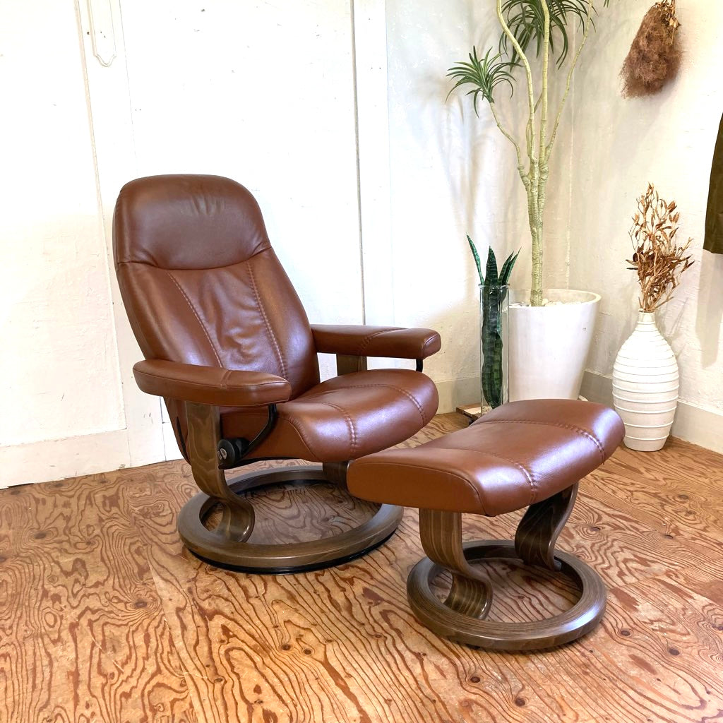 エコーネス / EKORNES ストレスレスチェア コンサル / Stressless Consul & オットマン 本革張り ブラウン 中古