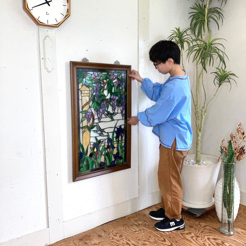 ステンドグラス 木枠 グリーン系 ディスプレイ 壁掛け 中古 草木 自然 