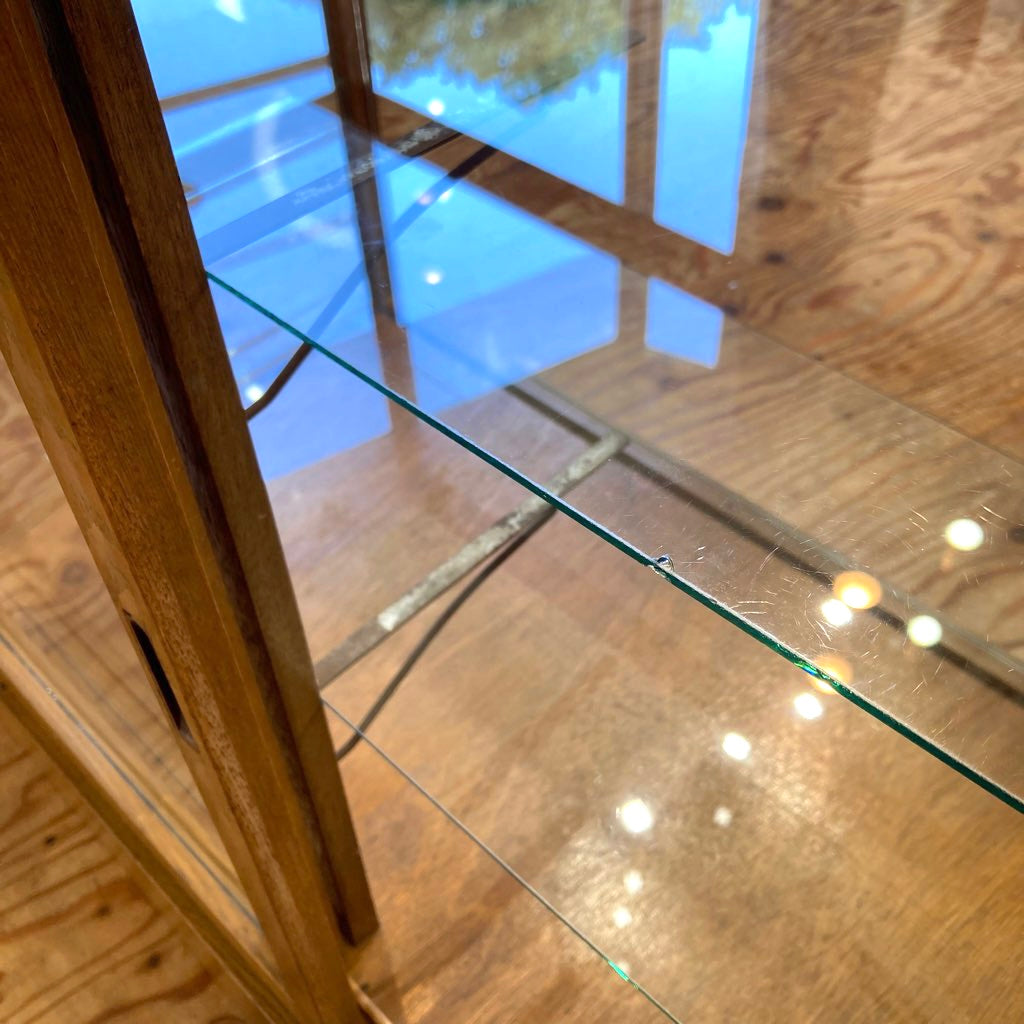 古い木味フレームのガラスショーケース パンケース 陳列棚 ディスプレイケース アンティーク