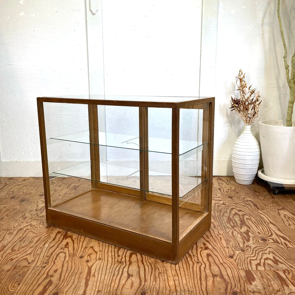 古い木味フレームのガラスショーケース パンケース 陳列棚 ディスプレイケース アンティーク