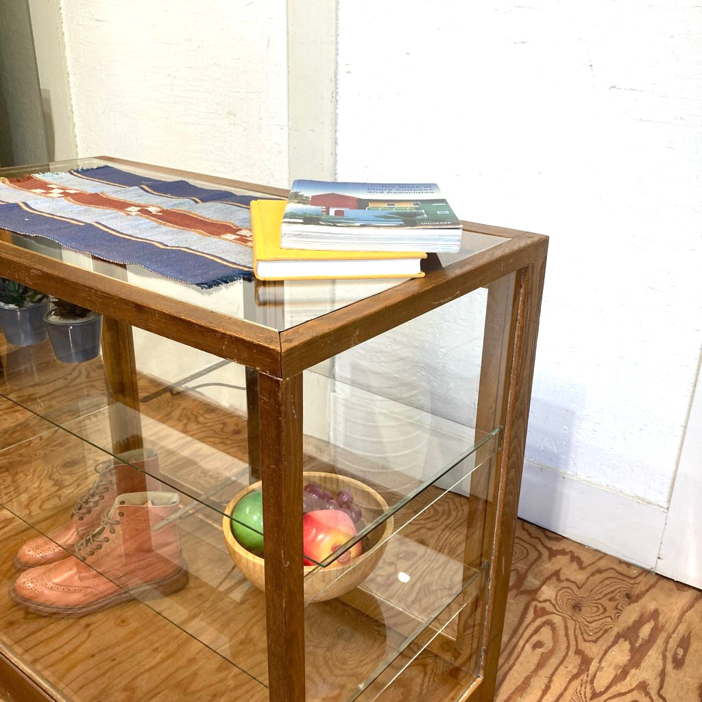 古い木味フレームのガラスショーケース パンケース 陳列棚 ディスプレイケース アンティーク