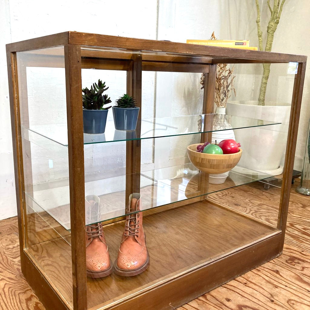 古い木味フレームのガラスショーケース パンケース 陳列棚 ディスプレイケース アンティーク
