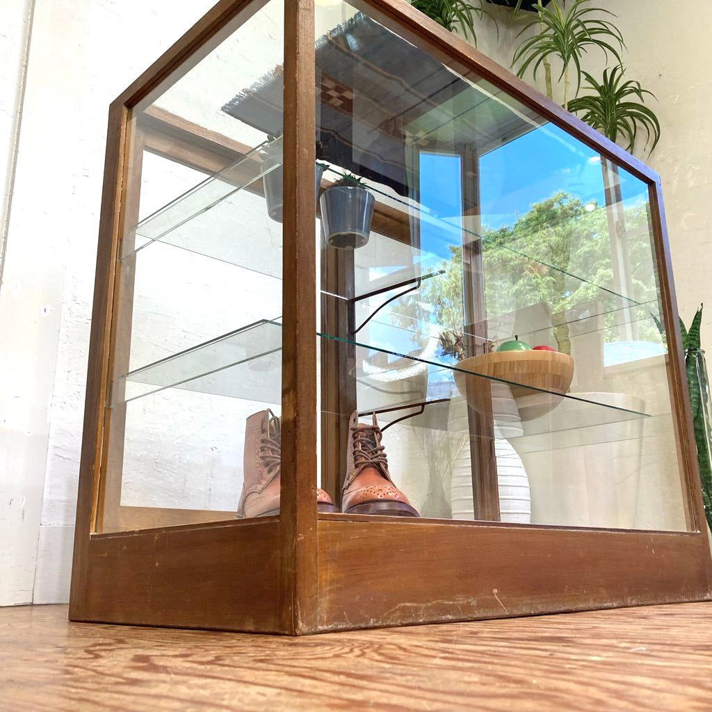 古い木味フレームのガラスショーケース パンケース 陳列棚 ディスプレイケース アンティーク