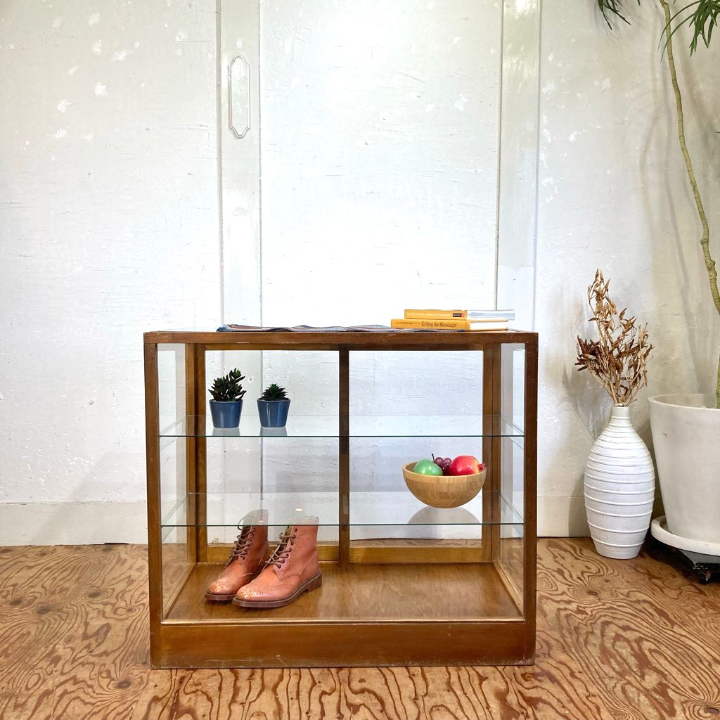 古い木味フレームのガラスショーケース パンケース 陳列棚 ディスプレイケース アンティーク