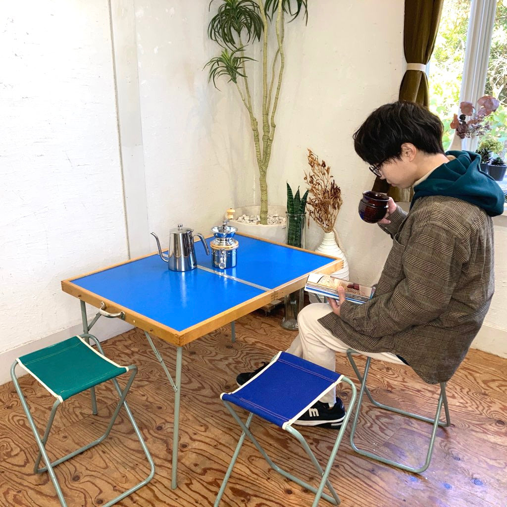 北欧 キャンプ テーブル&チェア セット ブルー 折り畳み ヴィンテージ