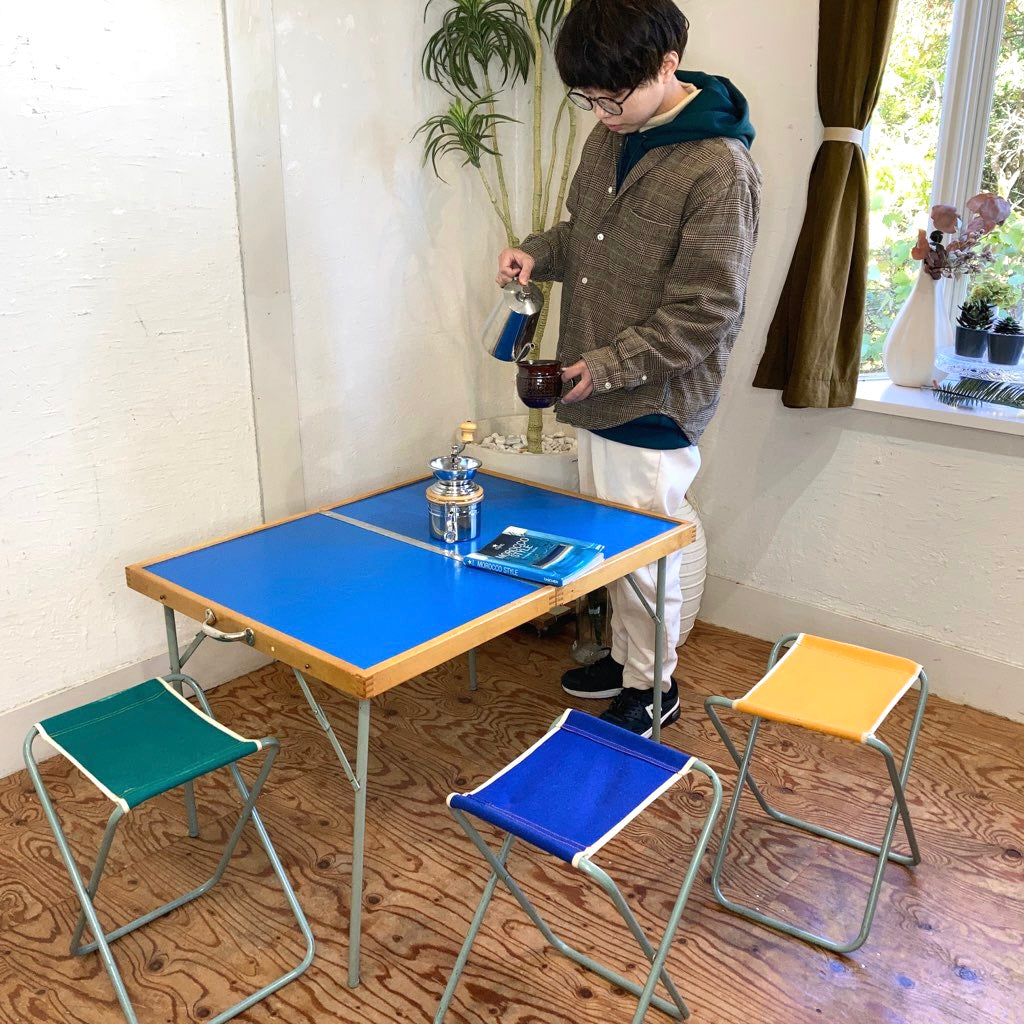 北欧 キャンプ テーブル&チェア セット ブルー 折り畳み ヴィンテージ