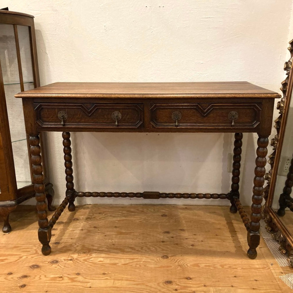 イギリス アンティーク ボビンターニングレッグ デスク オーク 引出し付き