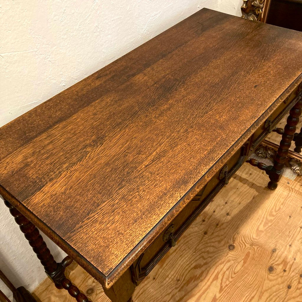 イギリス アンティーク ボビンターニングレッグ デスク オーク 引出し付き