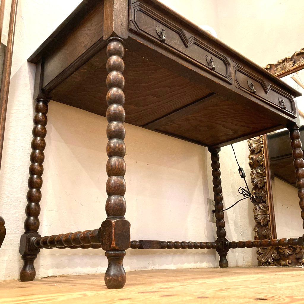 イギリス アンティーク ボビンターニングレッグ デスク オーク 引出し付き