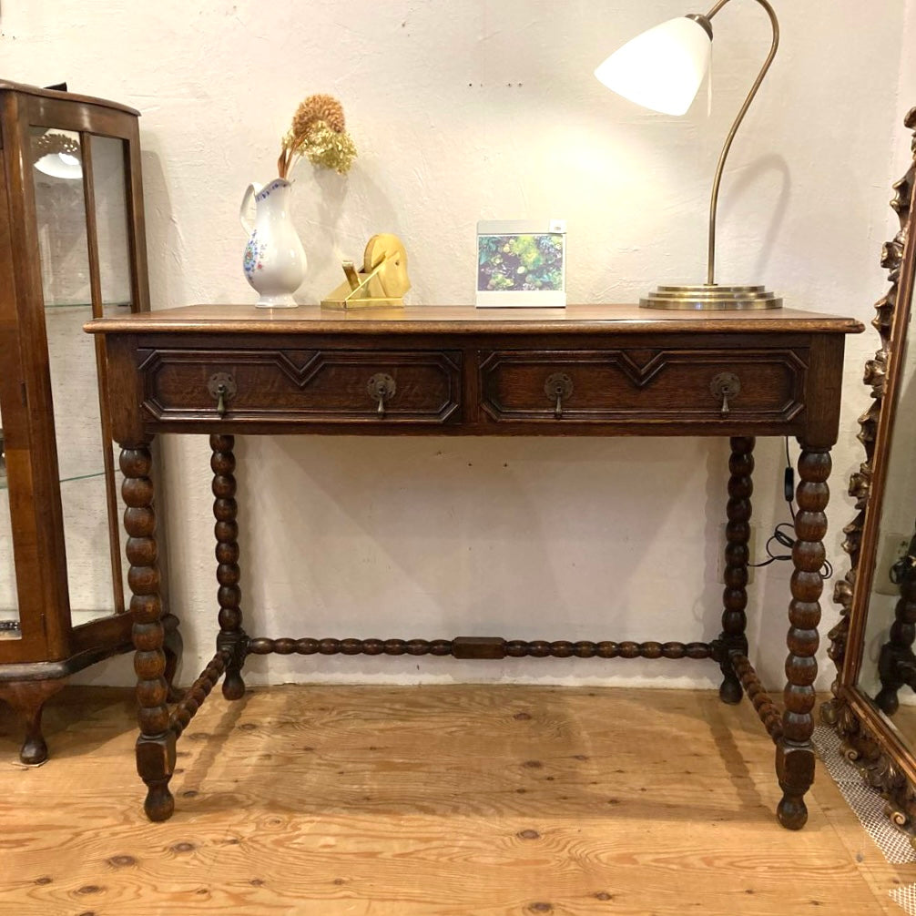 イギリス アンティーク ボビンターニングレッグ デスク オーク 引出し付き