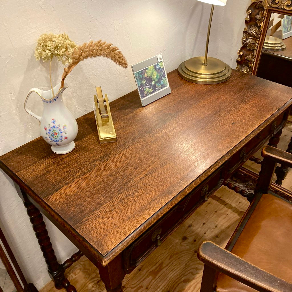 イギリス アンティーク ボビンターニングレッグ デスク オーク 引出し付き