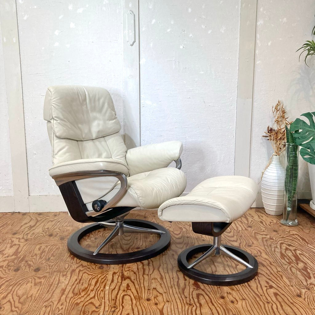 エコーネス / EKORNES ストレスレスチェア&オットマン Mサイズ ルビー / Ruby シグニチャーベース 本革張り 中古