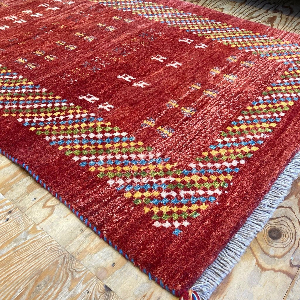 ギャッベ 154×100 ウール100% レッド 赤 ラグマット 中古