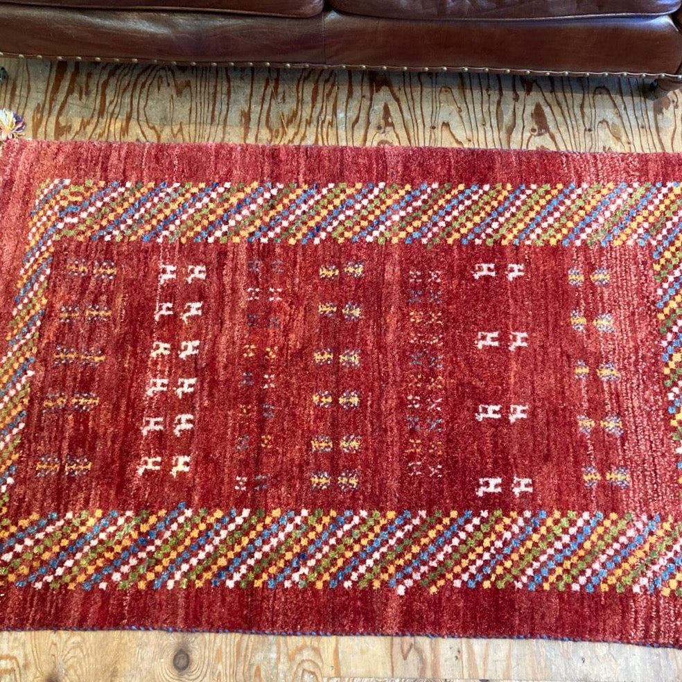 ギャッベ 154×100 ウール100% レッド 赤 ラグマット 中古