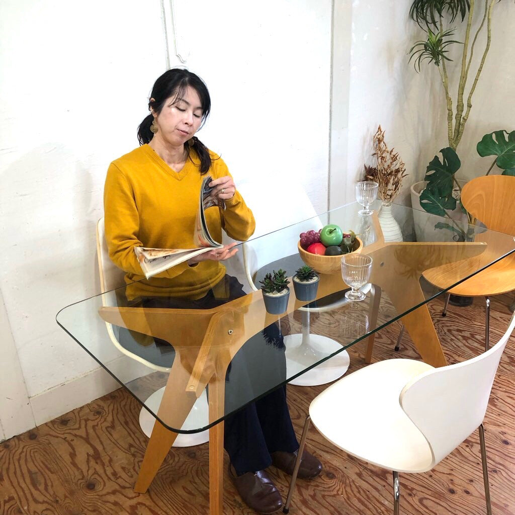 イーアンドワイ / E&Y ペガサス ダイニングテーブル Sサイズ プライウッド ガラス天板 中古