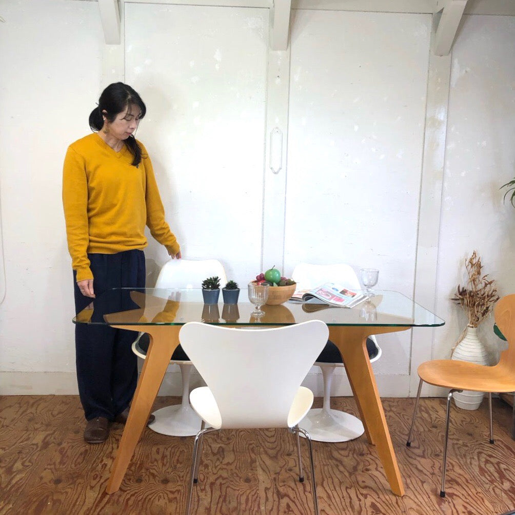 イーアンドワイ / E&Y ペガサス ダイニングテーブル Sサイズ プライウッド ガラス天板 中古