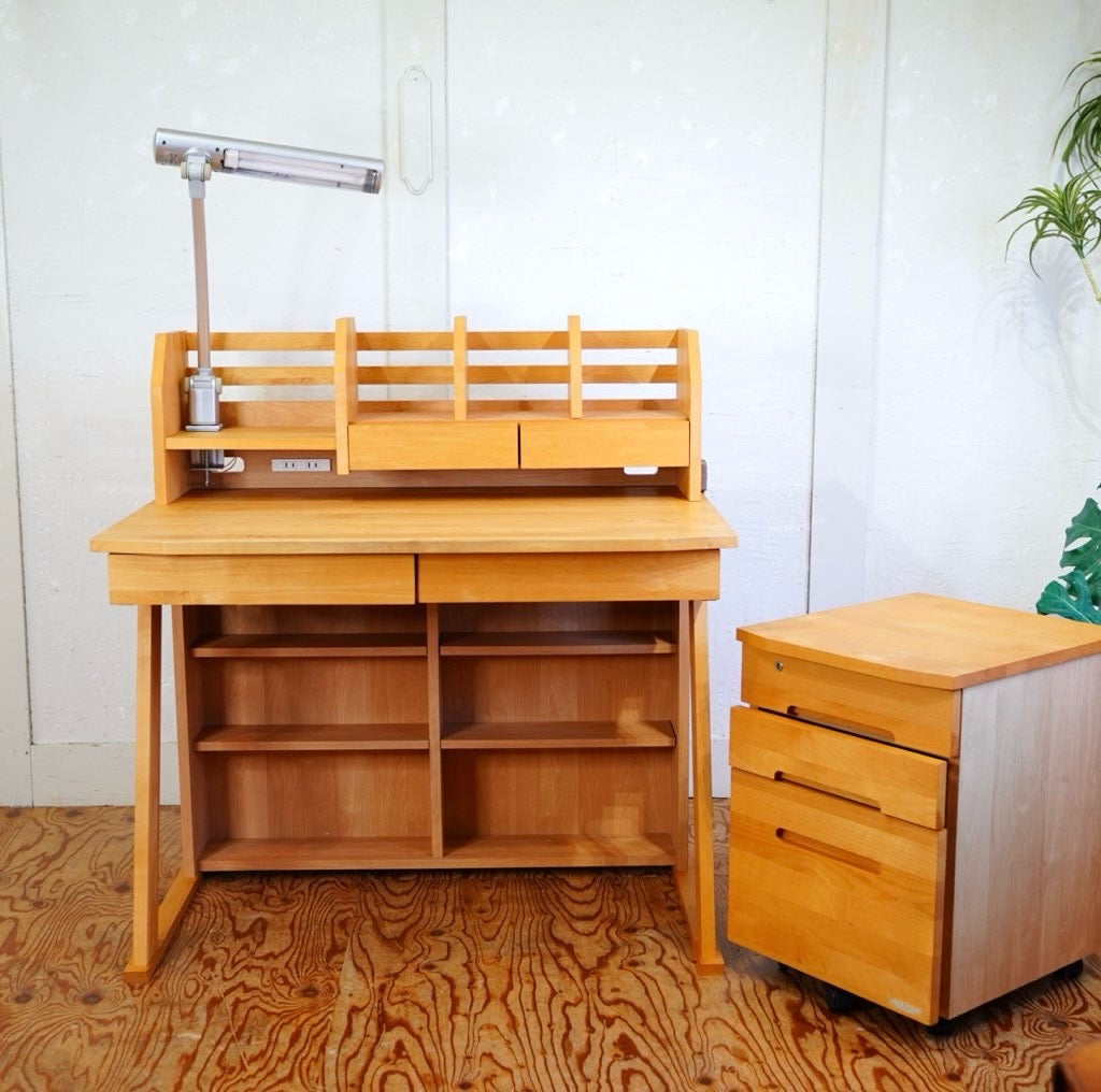 堀田木工 hotta woody ウィンディ / WINDY  デスク ワゴン 上棚 デスクライト 4点セット NA色 勉強机 中古
