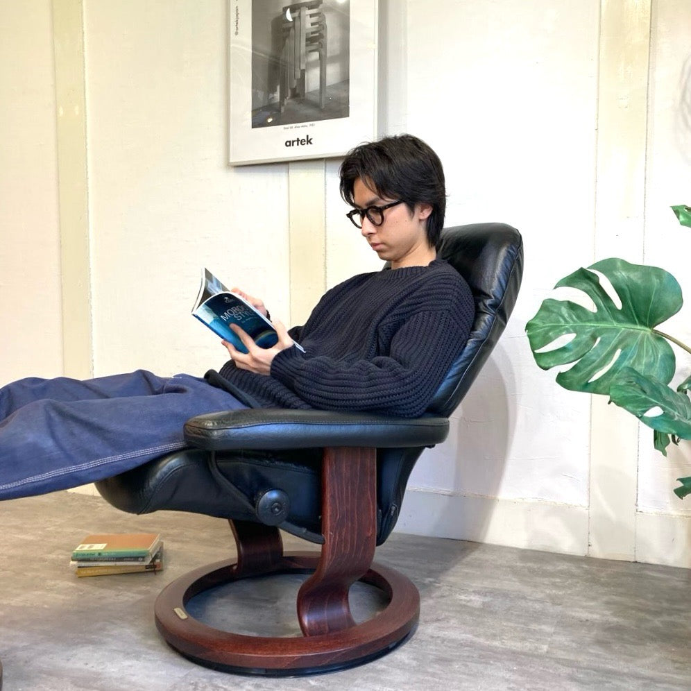 エコーネス / EKORNES ストレスレスチェア ストレスコンサル / Stressless Consul&オットマン Sサイズ  クラシックベース 本革張り 中古