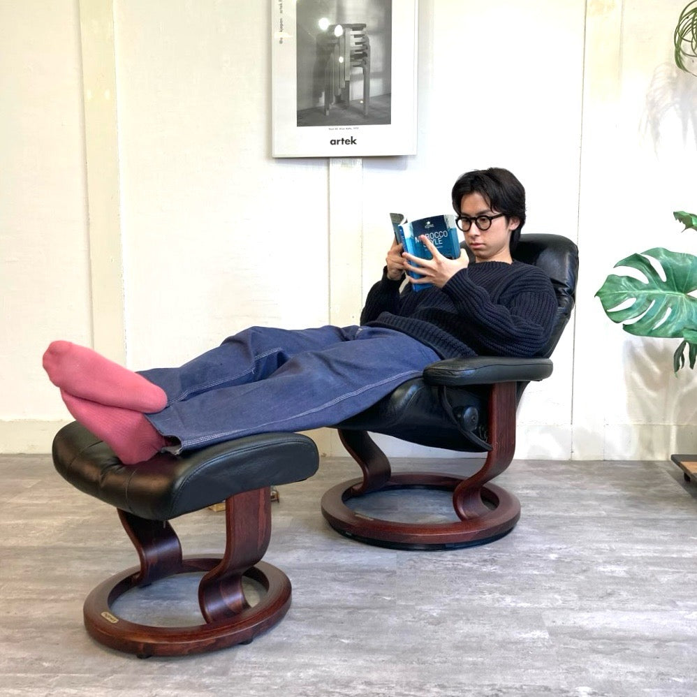 エコーネス / EKORNES ストレスレスチェア ストレスコンサル / Stressless Consul&オットマン Sサイズ  クラシックベース 本革張り 中古